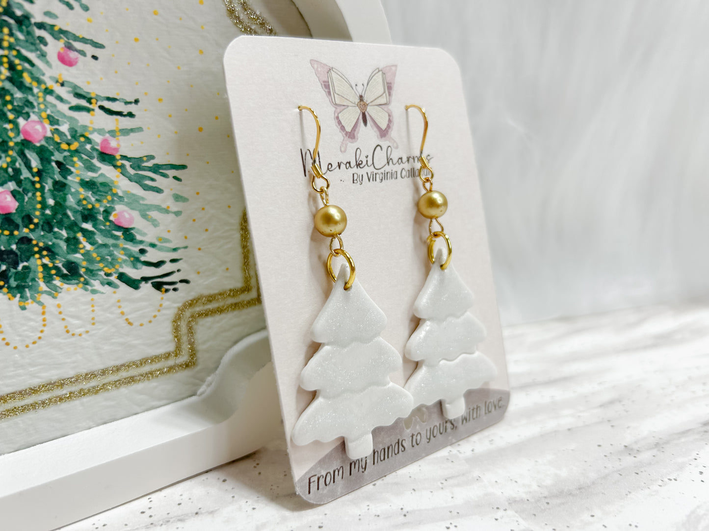 White Christmas Tree Dangle Earrings
